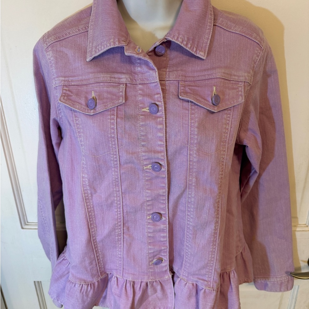 DG2 Diane Gilman Purple Button Down Denim Jacket Ruffled Hem - Picture 9 of 10